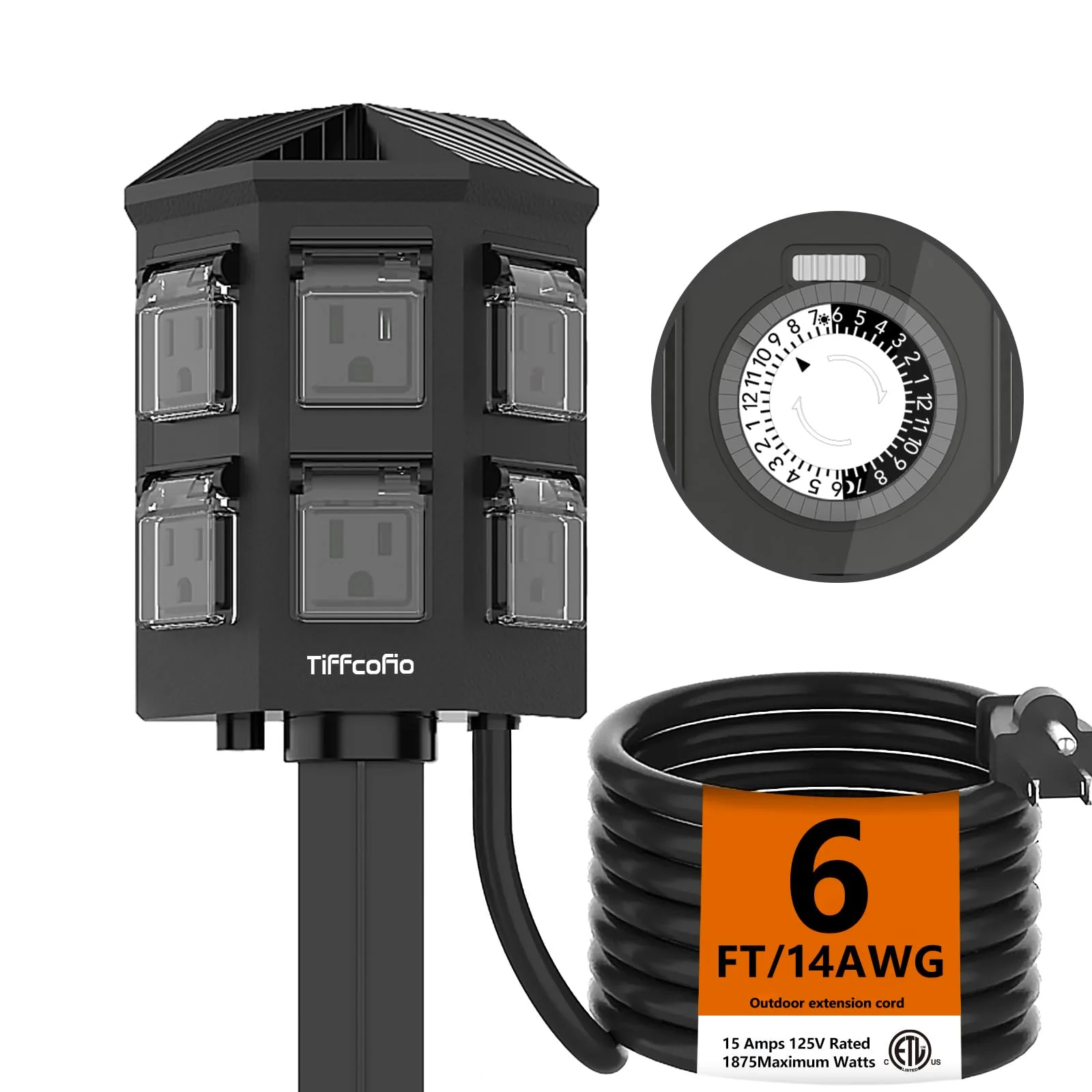 A power stake with a 24-hour mechanical timer in its head, for lights on the same clock times every night.